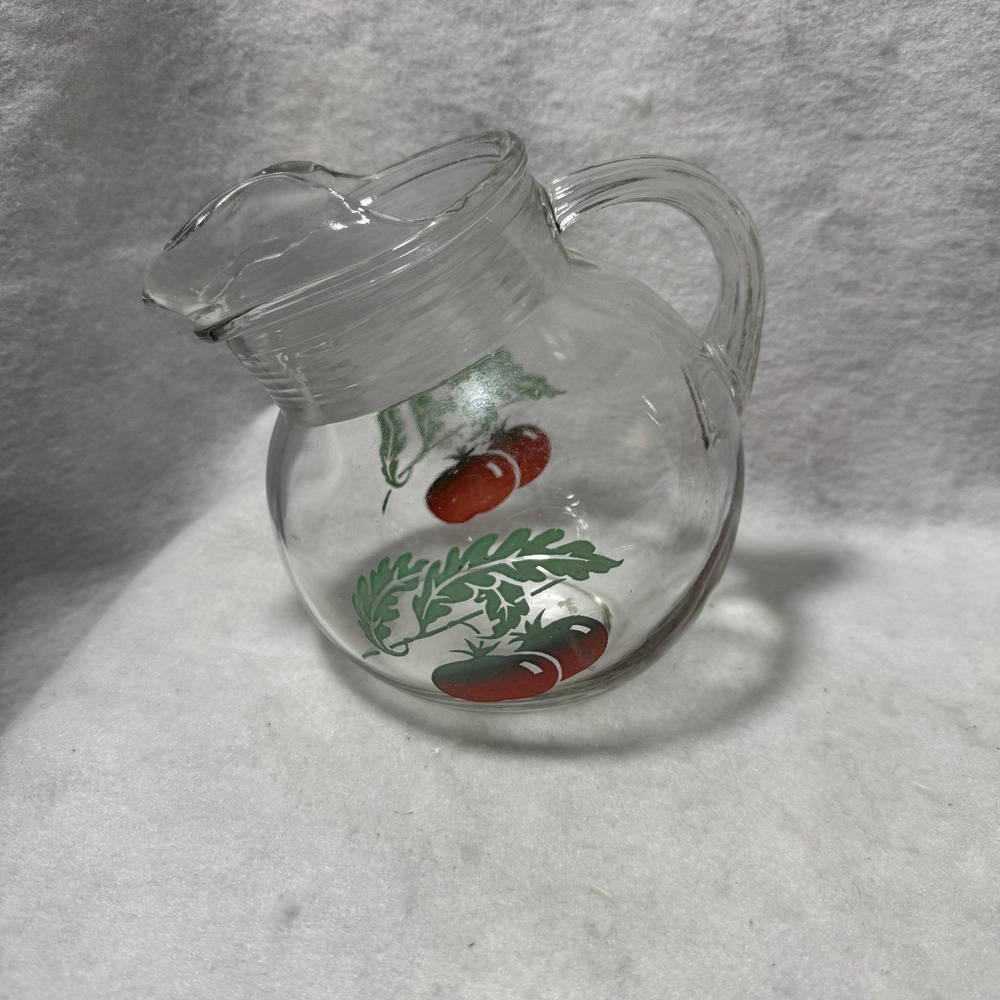 Vintage Glass Pitcher Tomato Design Clear Jug 7" Kitchen Decor Garden Motif USA